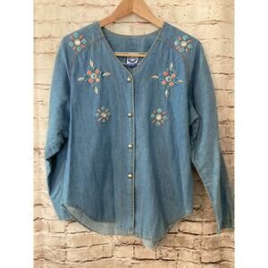 Vintage‎ Bingo! Top Womens 14 Petite Denim Blue Jean Navajo Beaded Button Front